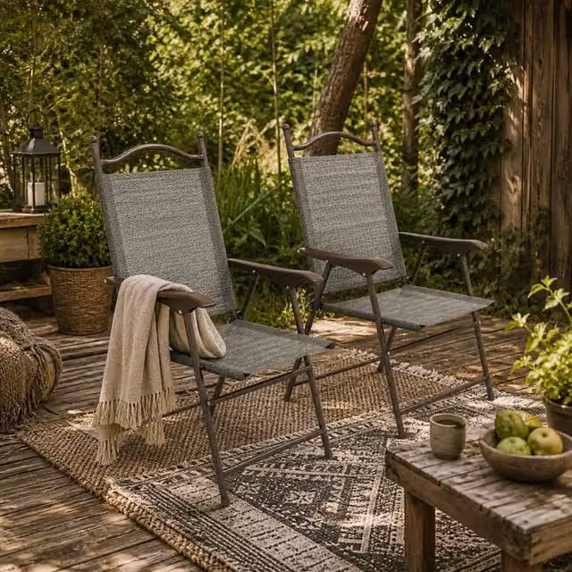 Wyld Haus Set of 2 Dark Grey Folding Garden Chairs with Metal Mesh Seats – 1