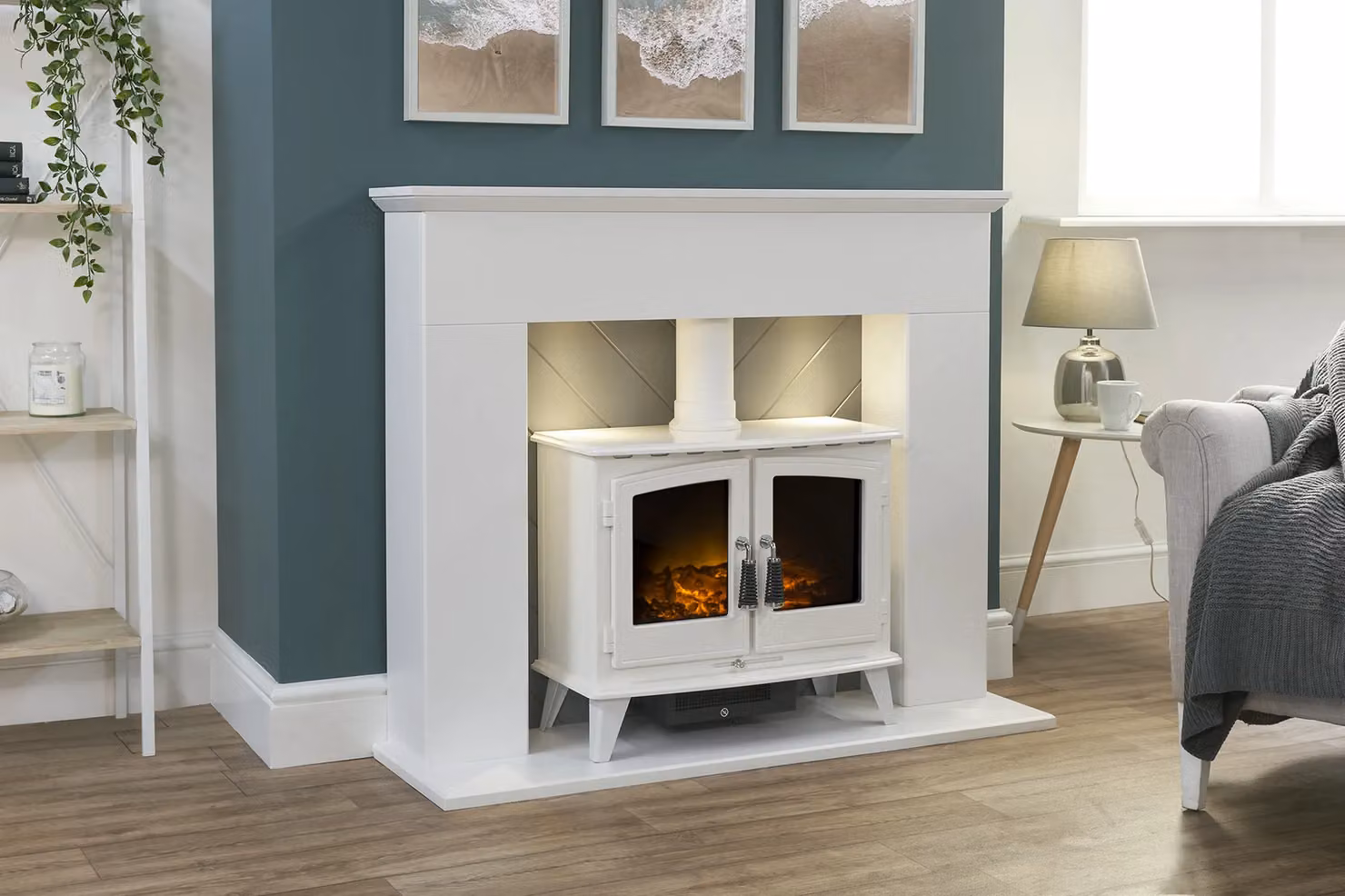 Adam Fires & Fireplaces Corinth Electric Stove Fireplace in White and Grey with Downlights and Woodhouse Electric Stove, 48 Inch – 2