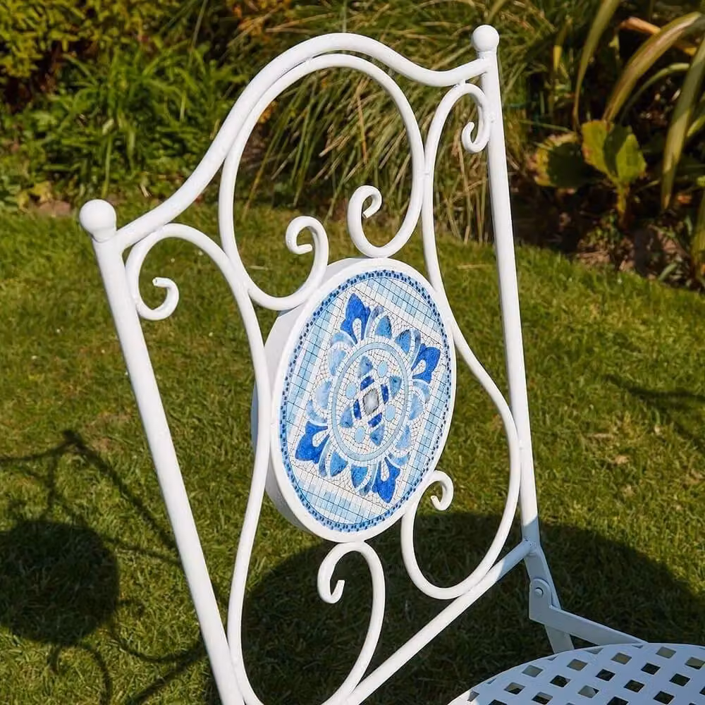 FLAVORA Set of 2 Blue and White Mediterranean Geometric Mosaic Folding Metal Outdoor Bistro Chairs – 4