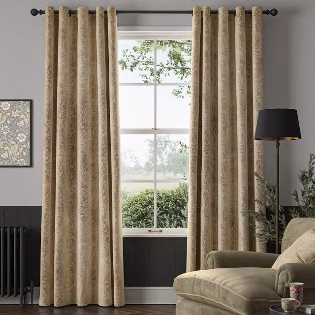 William Morris Compton Silhouette Made To Measure Floral Velvet Eyelet Curtains in Barley Yellow and Beige
