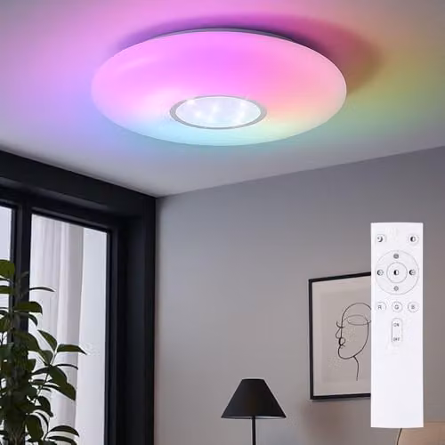Globo Lighting RGB LED Dimmable Ceiling Light in White with Remote Control, Timer and Night Light Function, W/D/H: 48.5 x 48.5 x 7.2 cm – 2