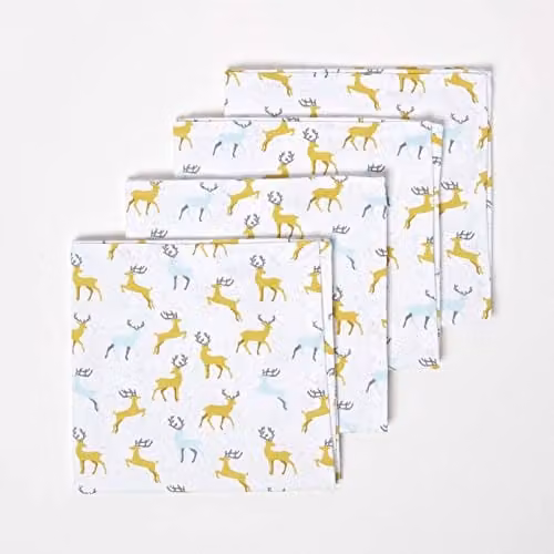 Homescapes Majestic Stag Christmas Napkin Set, Grey and Yellow, Set of 4, W/D/H: 45 x 45 x 45 cm