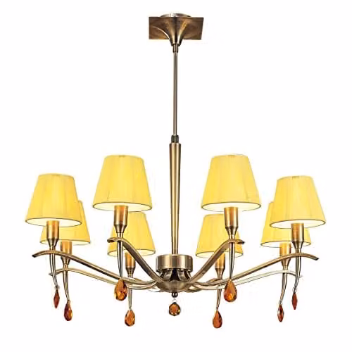 Mantra Siena Round 8-Light Pendant with Amber Cream Fabric Shades and Amber Crystals in Antique Brass – 1