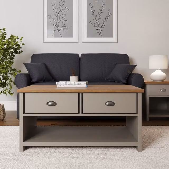 GFW Lancaster Two Drawer Coffee Table in Grey and Oak