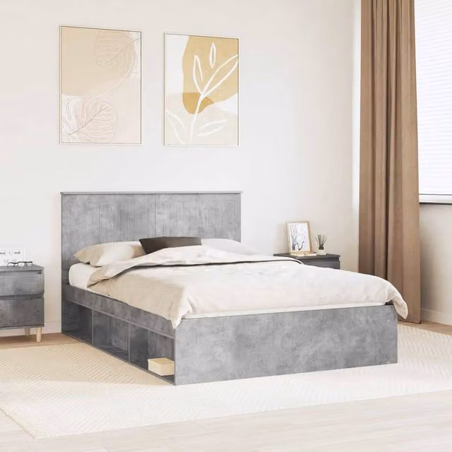 Berkfield Home Modern Bed Frame with Headboard in Grey Solid Pine and Engineered Wood, W/D/H: 140 x 190 cm