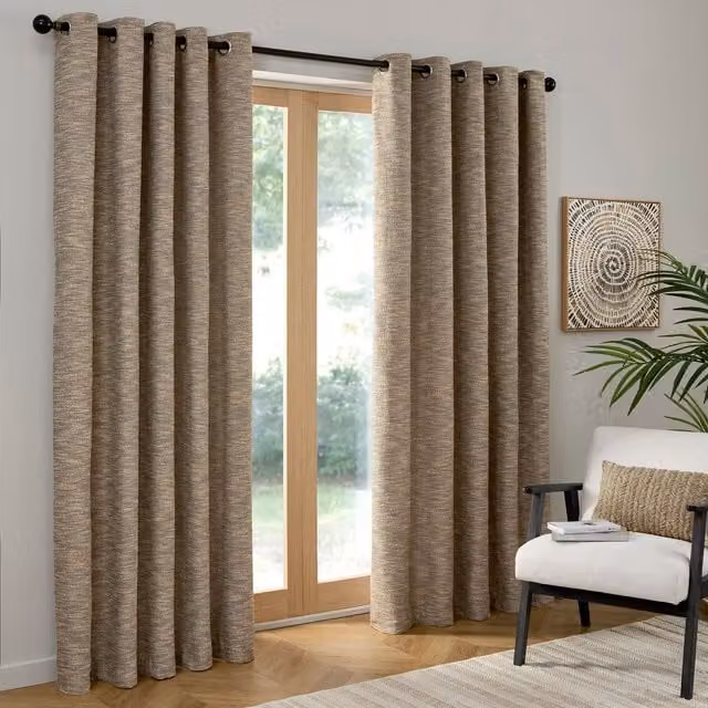 Curtina Talon Jacquard Ready Made Eyelet Curtains in Beige and Sand