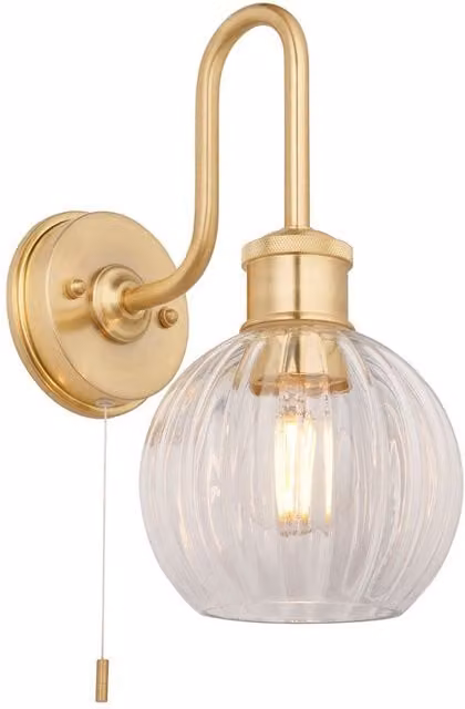 Loops Satin Brass Bathroom Wall Light with Ribbed Clear Glass Shade, IP44 Rated – 1