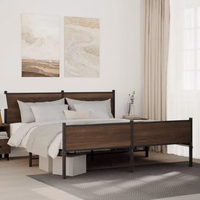 Berkfield Home Metal Bed Frame in Brown Oak, W: 160 cm, D: 200 cm