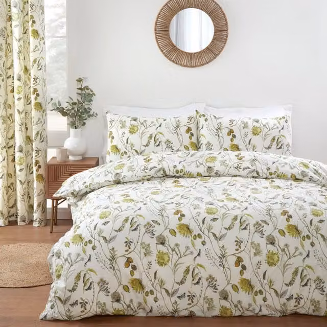 Terrys Grove Floral Cotton Duvet Cover Bedding Set in Green and White