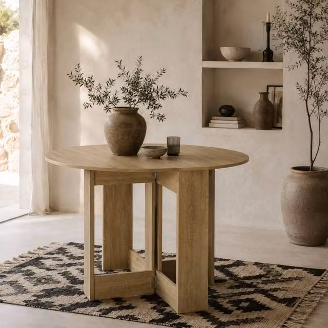 Wyld Haus Vietma Oak Round Drop Leaf Folding Dining Table in Light Oak, W/D/H: 76 x 73.7 x 76 cm