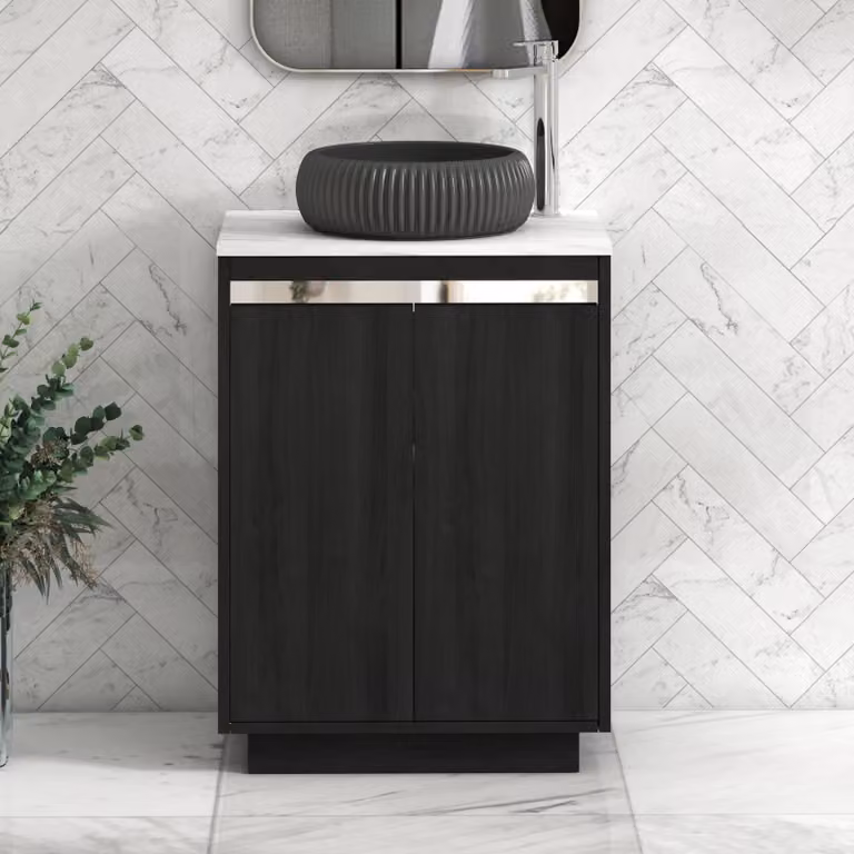 Royal Bathrooms Orion 600mm Hale Black Floor Standing Vanity Unit with Milan Black Basin and Carrara White Countertop, 2 Doors, Chrome Accent Trim