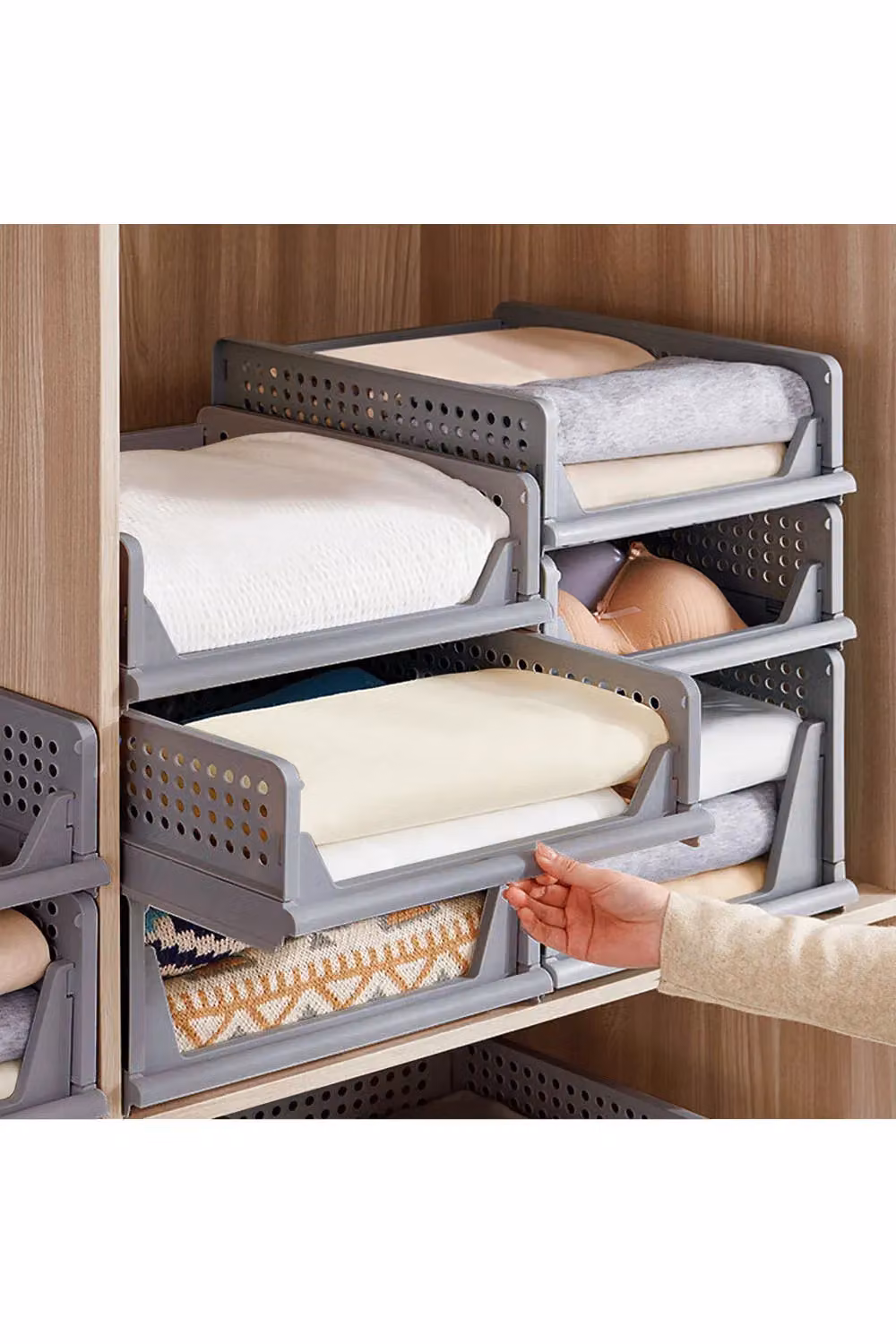 Living and Home Set of 3 Grey Foldable and Stackable Plastic Storage Boxes for Wardrobes, Toys, Kitchens or Bedrooms – 2