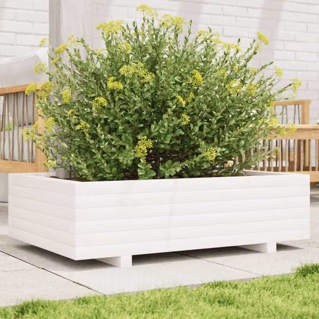 Berkfield Home White Solid Wood Pine Garden Planter W: 90 cm, D: 60 cm, H: 26.5 cm