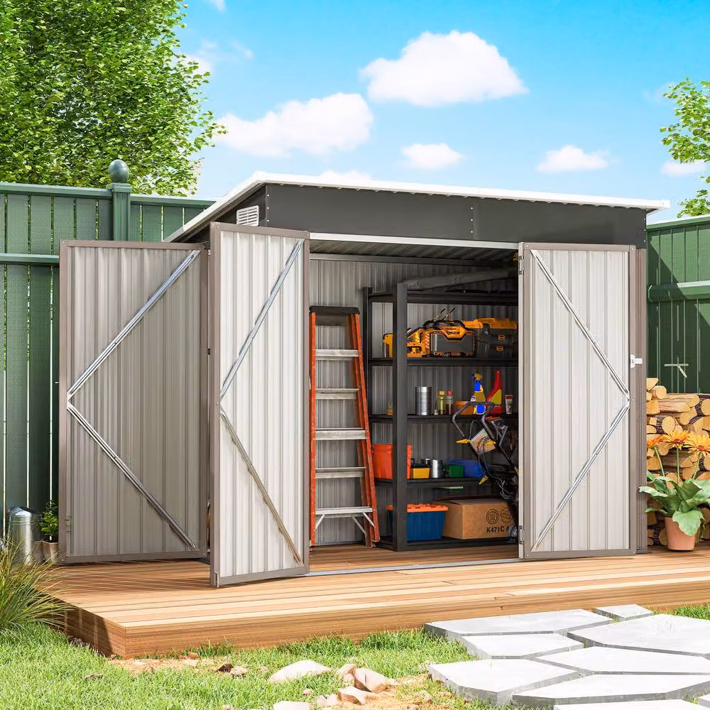 OUTSUNNY Metal Garden Storage Shed with Double Doors in Light Grey – 2