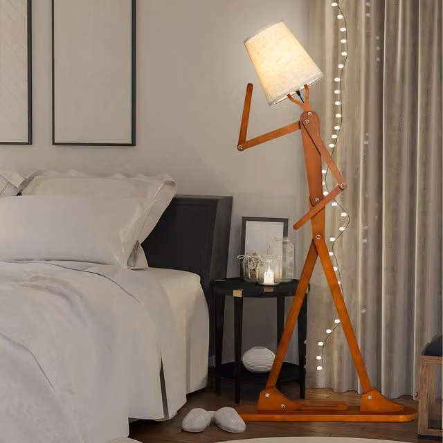 Costway Adjustable Humanoid Tall Floor Lamp in Brown Wood and White Fabric