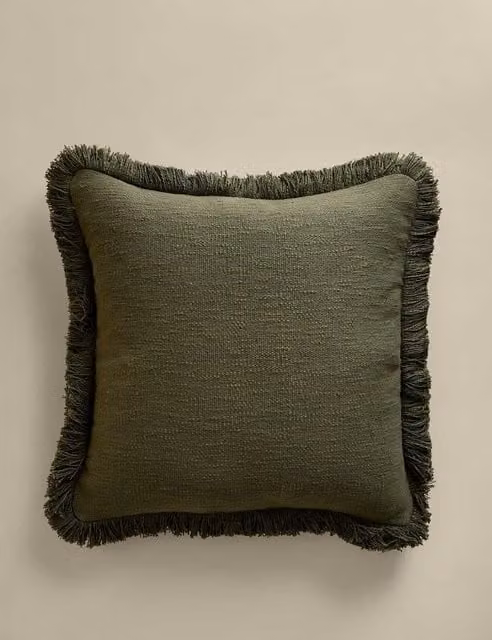 M&S Pure Cotton Textured Square Fringe Cushion in Khaki Green