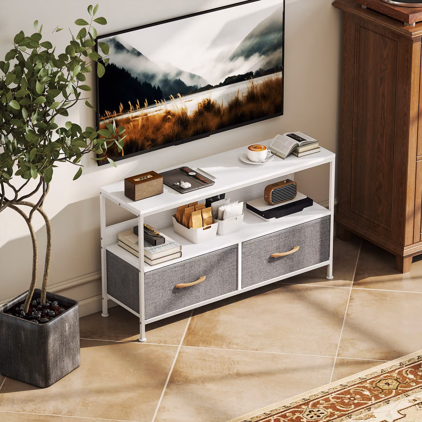 HOMCOM Modern White TV Stand Cabinet with 2 Foldable Drawers – 7