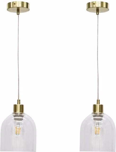 First Choice Lighting Belten Set of 2 Pendant Lights with Transparent Glass Cloche and Satin Brass Fittings
