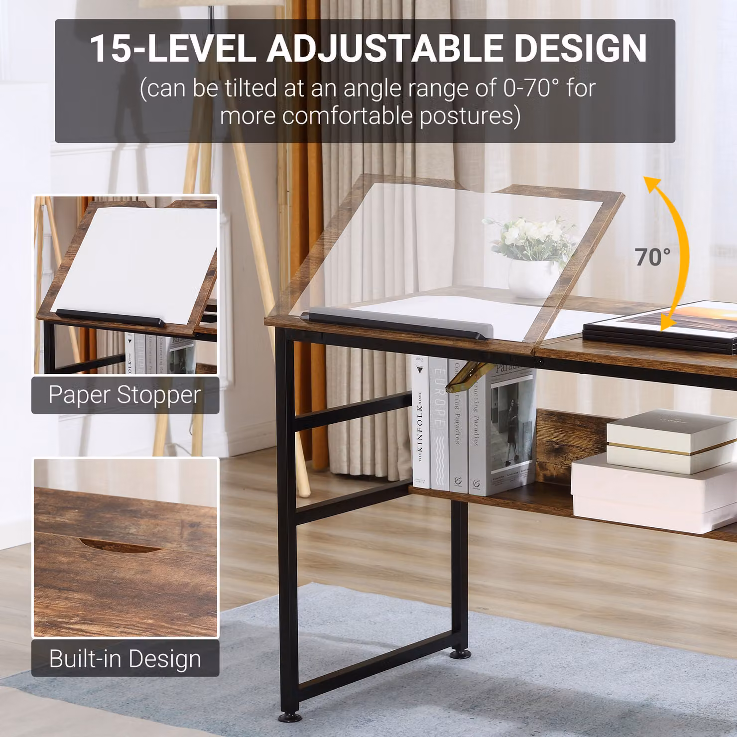 HOMCOM Adjustable Drafting Table and Art Desk in Brown with 15-Level Tilting Top and Height Adjustment – 4