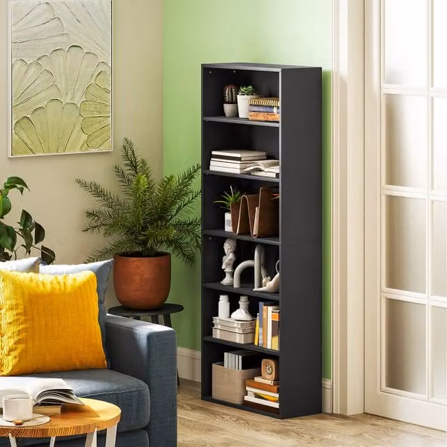 HOMCOM 6 Tier Black Bookshelf with Adjustable Shelves