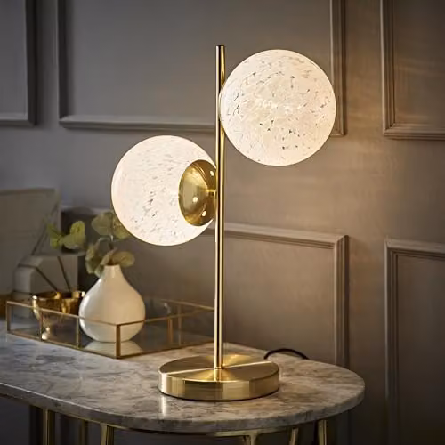 ValueLights Jas Gold 2 Way Table Lamp with White Confetti Glass Globe Shades, Gold/Brass and White, H 46 cm x W 33 cm x D 16 cm – 2