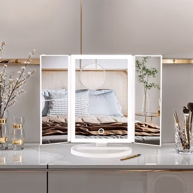 Komore TriFold LED Makeup Mirror in White with 3 Magnifying Mirrors