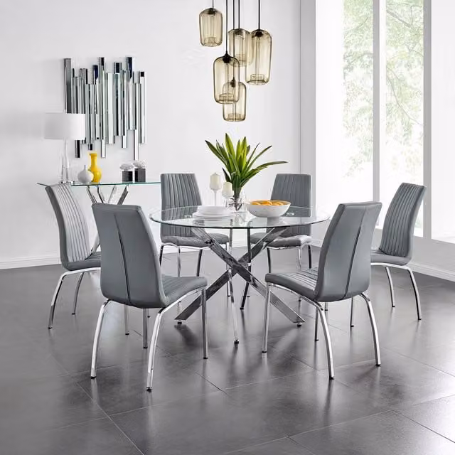 FurnitureboxUK Novara Round Glass Dining Table and 6 Isco Chairs Set, Chrome and Grey
