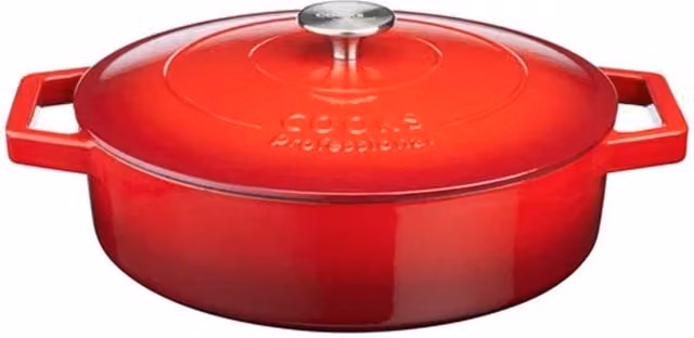 Cooks Professional Enamelled Cast Iron Casserole Dish, Red, 28cm