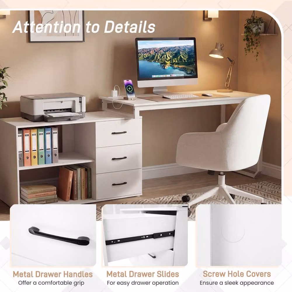Costway Reversible L Shaped Corner Desk with Power Outlet in White – 4