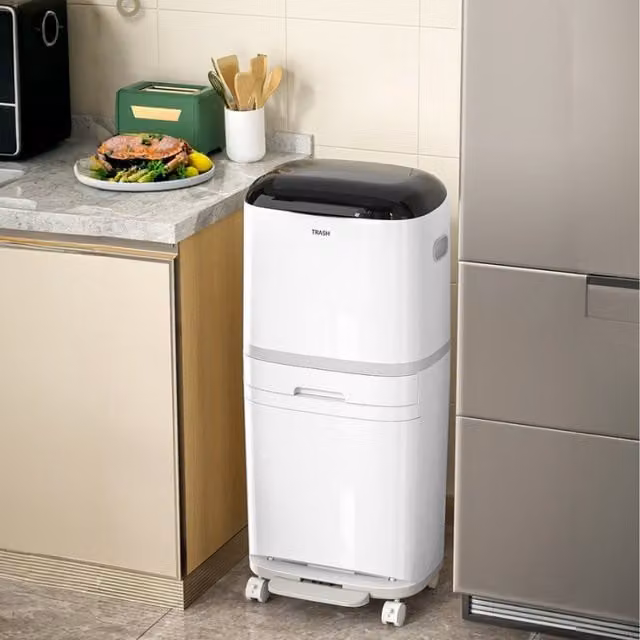 Lifeideas 3 Tier White Plastic Kitchen Waste Separation Bin with Pedal and Removable Inner Buckets