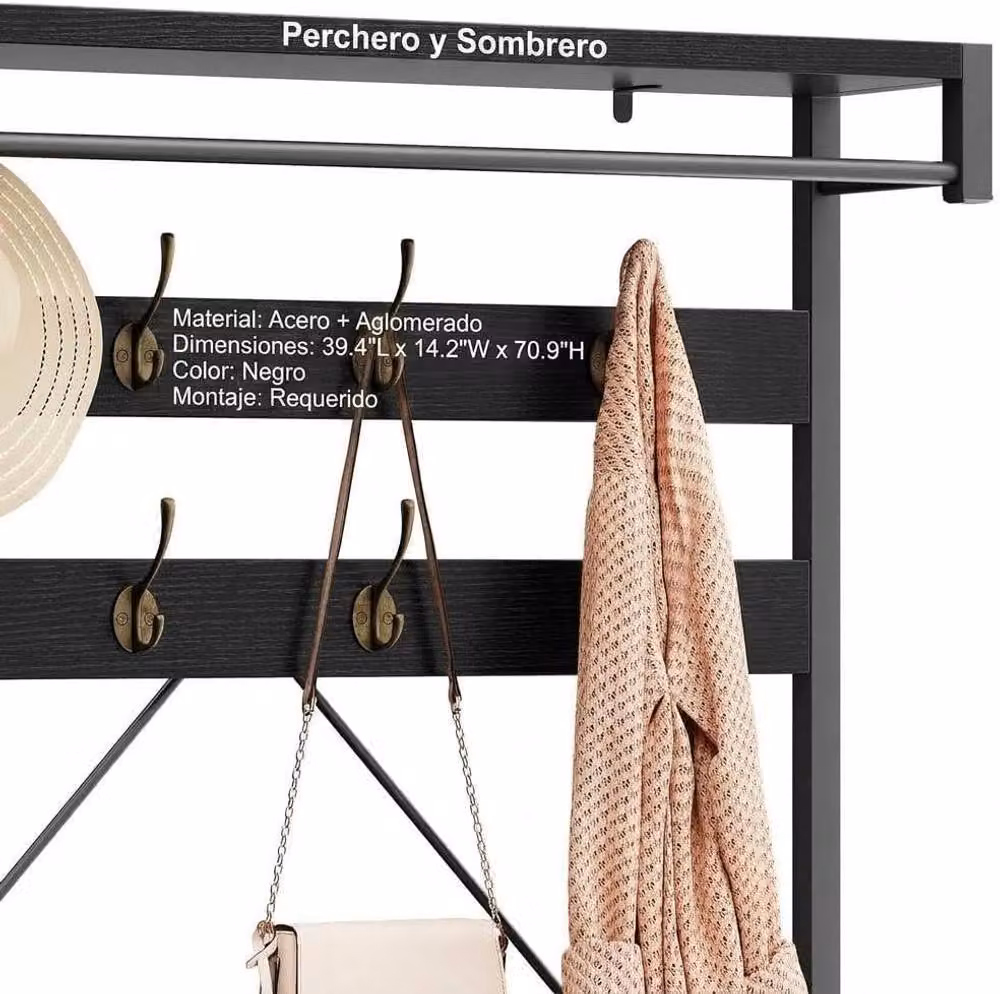 London Boutique Modern Hall Tree with Shoe Bench and 8 Hooks, Black, H 183 x W 136 x D 40 cm – 4