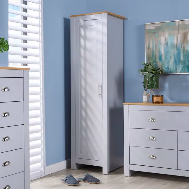 Home Source 1 Door Wardrobe with Oak Top and Internal Shelving in Grey and White – 1