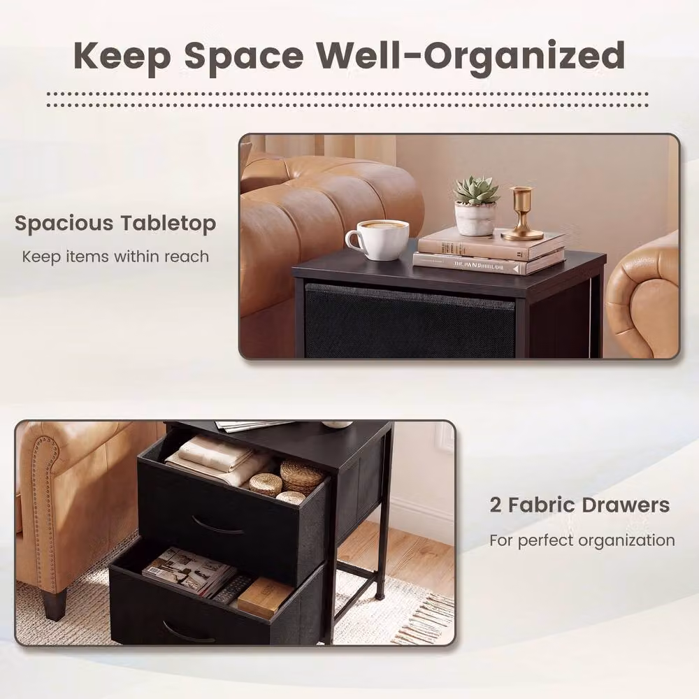 Costway Set of 2 Black Nightstands with 2 Fabric Drawers and Metal Frame – 6