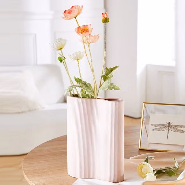 Livingandhome Ribbed Double Opening Ceramic Vase in Morandi Pink