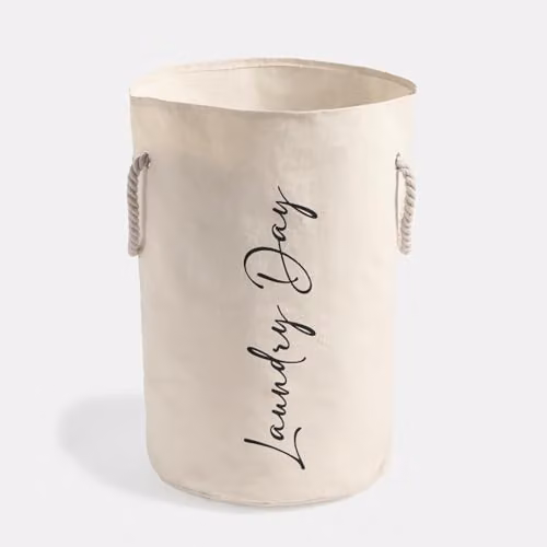 OHS Collapsible Round Laundry Basket Hamper with Rope Handles, Beige, W: 55 cm, H: 35 cm, D: 35 cm – 2