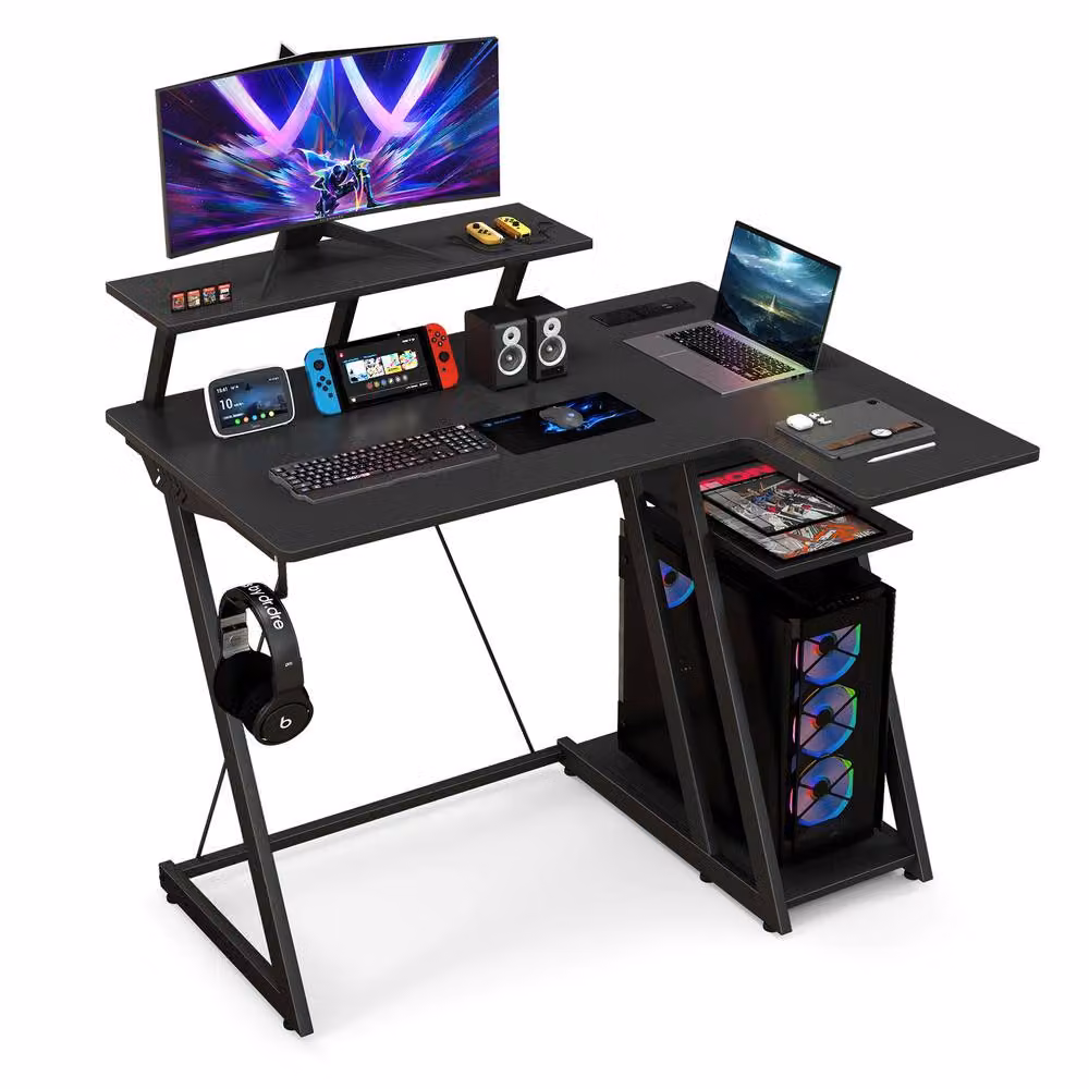 Costway L-Shaped Gaming Desk in Black with USB Ports and Outlets – 6