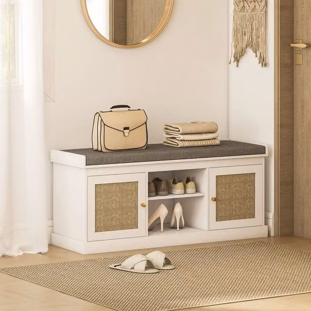 HOMCOM Boho Rattan Shoe Storage Bench with Padded Fabric Cushion in White and Gold – 1