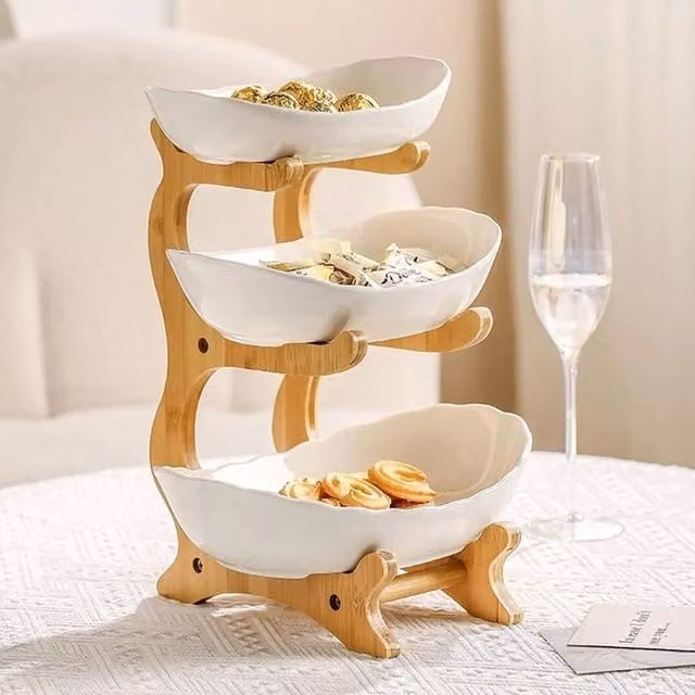 KORVIXA 3 Tier Bamboo Wooden Fruit Storage Basket Bowl in White
