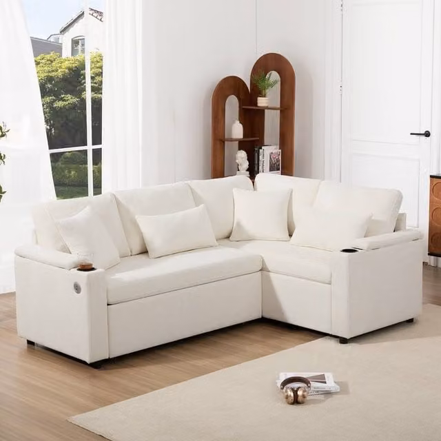 Merax L-Shaped Pull-Out Corner Sofa Bed with USB Charging and Storage in Beige