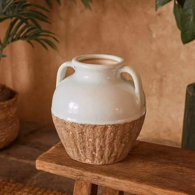 Wyld Haus Stonewild Medium Amphora White and Sand Textured Ceramic Tabletop Vase with Handles, H 22.0 cm x W 21.0 cm x D 21.0 cm