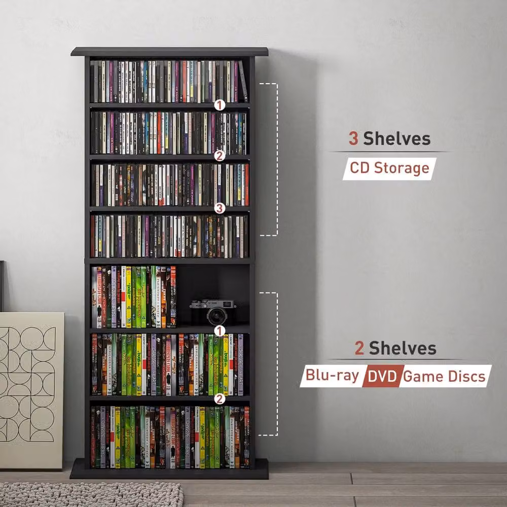 Wyld Haus Kael Black CD Storage Unit with 8 Media Compartments and Adjustable Shelves, H 126.3 cm x W 58 cm x D 24 cm – 8