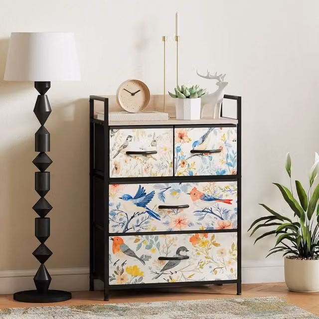 HOMCOM White Fabric Chest of Drawers with Open Shelf and Floral Design – 1