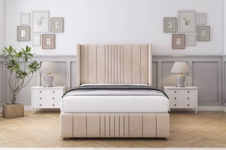 Sloomy Hargrave Naples Divan Set with Wingback Headboard and Footboard in Light Sand, Super King Size