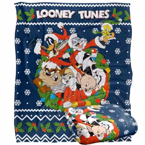 LOGOVISION Looney Tunes Christmas Ugly Sweater Soft Fleece Throw Blanket, Multicolour and White, W: 152 cm, D: 127 cm – 1