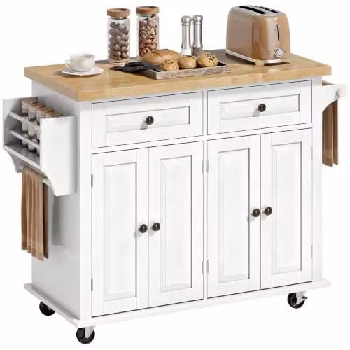 HOMCOM Rolling Kitchen Island Storage Trolley in White with Castors, W/D/H: 82.5 x 44.5 x 111 cm – 1