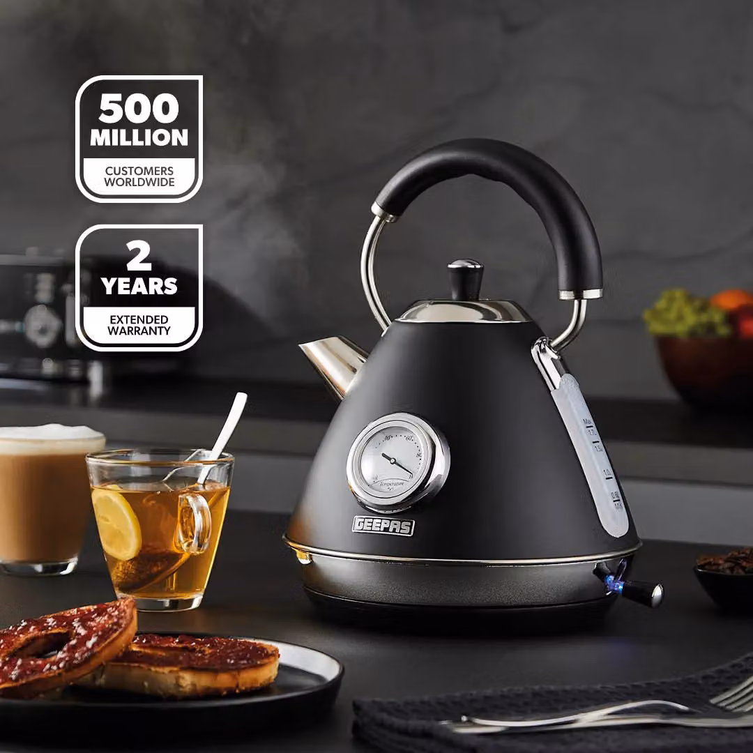 Geepas Retrovive 1.7L Stainless Steel Electric Kettle with Temperature Gauge and Auto Shut-Off, 2500W, Black – 2