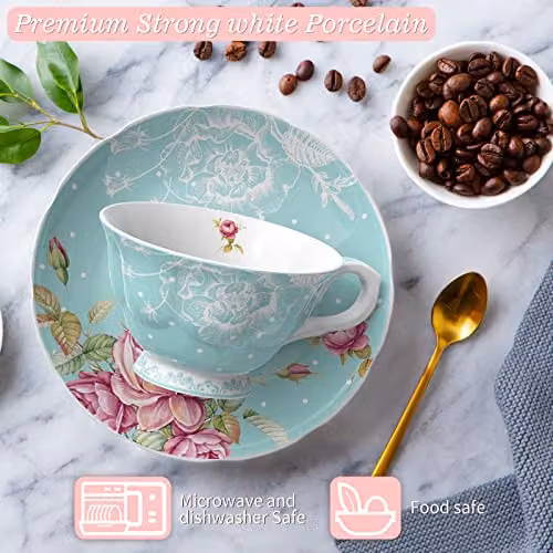 London Boutique Turquoise and White Floral Tea Cup and Saucer Set of 2 in New Bone China – 4