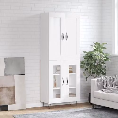 vidaXL Modern White Highboard Storage Cabinet with Glass Doors and Internal Shelves – 2
