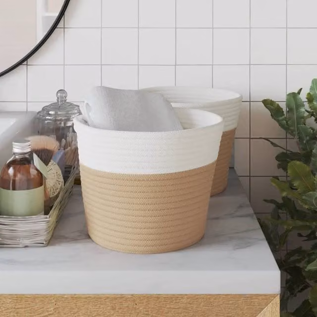 Berkfield Home Cotton Storage Baskets, 2 Pack, Beige and White, W: 24 cm, H: 18 cm – 1