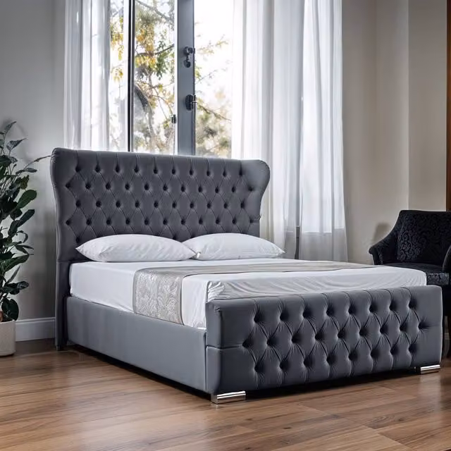 UK Bed Furniture Isabella Upholstered Slatted Base Bed with Wingback Headboard in Anthracite Grey, W/D/H: 120 x 200 cm – 1